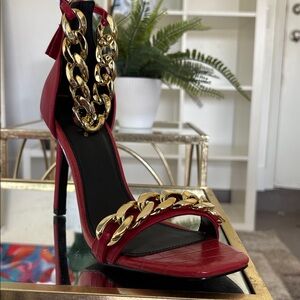Red High Heel Sandals with Gold Chain